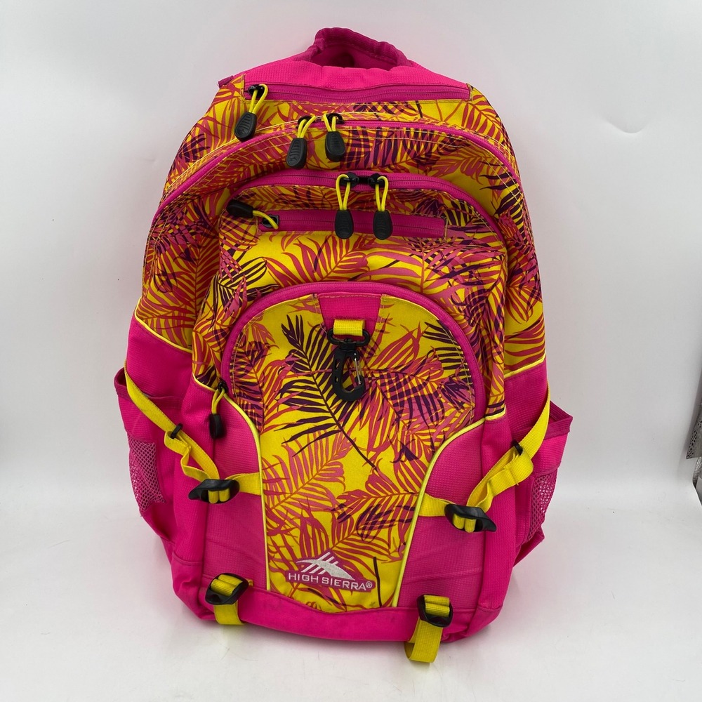 High Sierra Backpack Pink Yellow Tropical Palm Leaf Print Multi-Pocket 18in